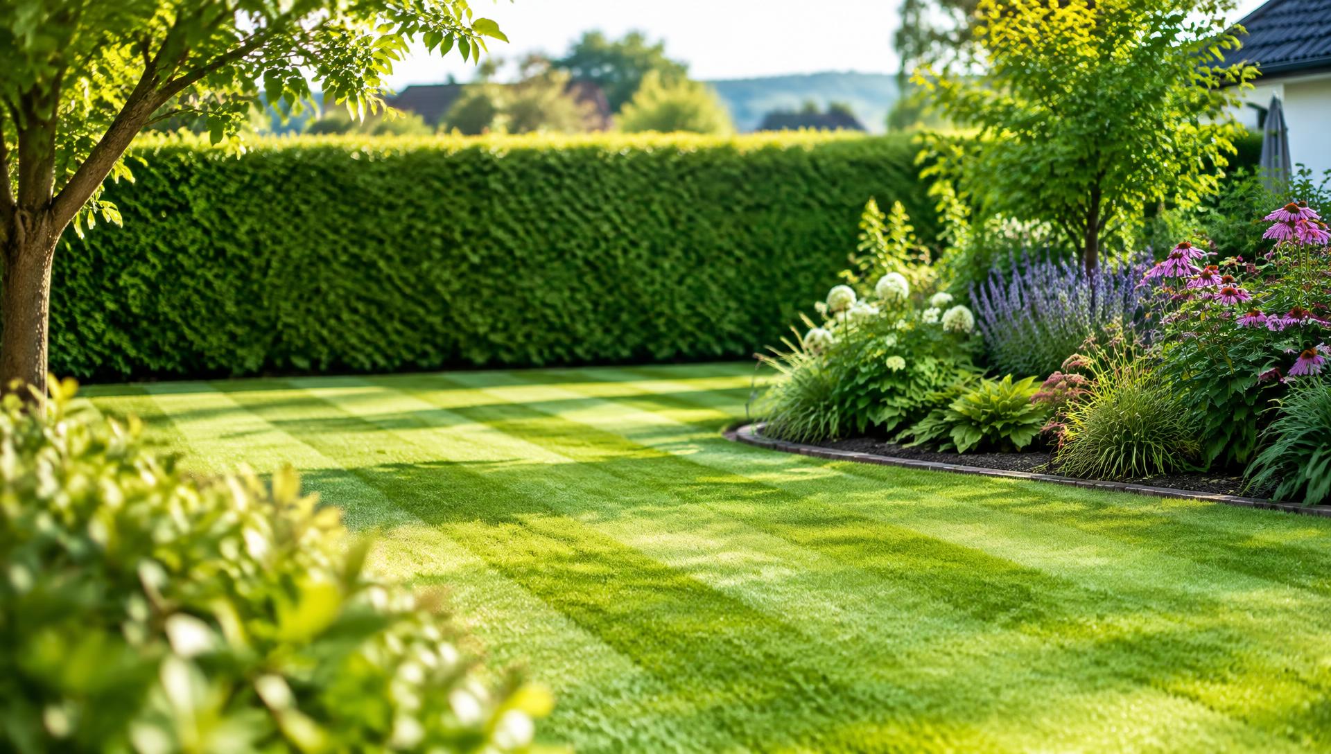 Gepflegter Garten mit grünem Rasen und blühenden Beeten